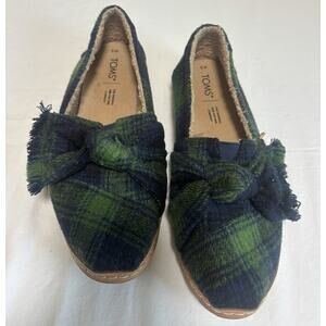 TOMS Alpargata Leather Wrap Slip On Shoes Size 8 Galapagos Green Plaid Bow